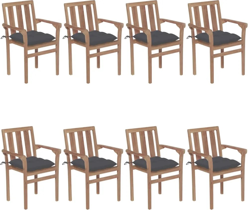 vidaXL Cadeiras de jardim empilháveis c/ almofadões 8 pcs teca maciça