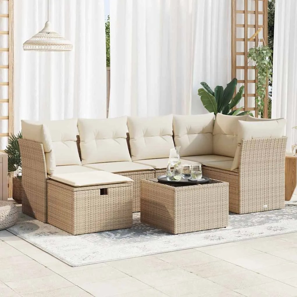 vidaXL 7 pcs conjunto de sofás p/ jardim com almofadões vime PE bege