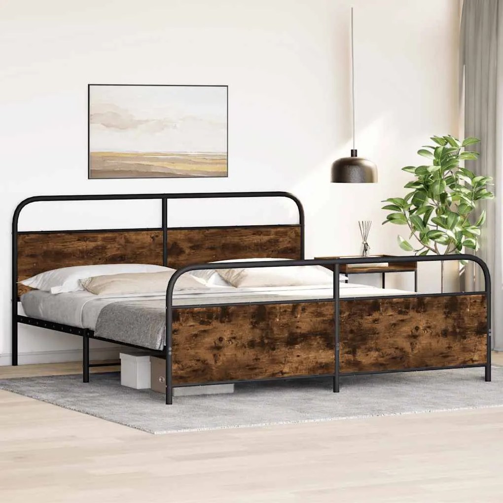 Estrutura de cama sem colchão 200x200cm metal carvalho fumado