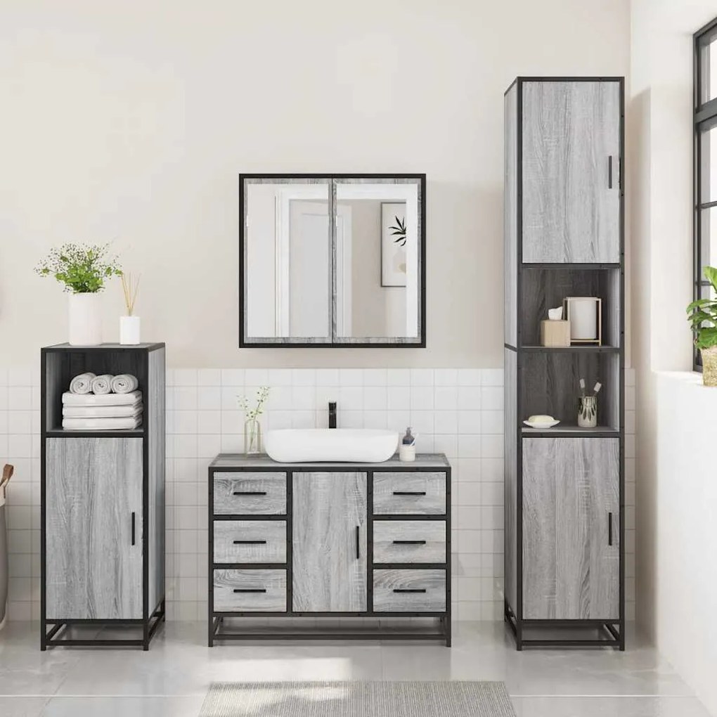 3 pcs Conjunto móveis casa de banho madeira proc. cinza sonoma
