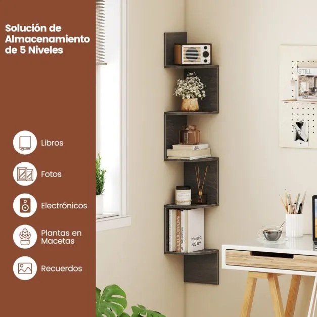 Estante de canto 20 x 20 x 126 cm  de 5 níveis Organizador de armazenamento montado na parede para sala, quarto e cozinha Cinza