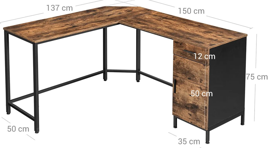 Secretaria de canto escritorio com armário 137 x 150 x 75 cm Castanho Vintage-preto