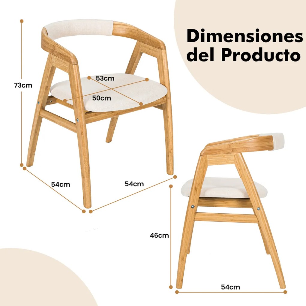 Cadeira de Lazer em Bambu Cadeira de Jantar com Almofada Penteadeira com Encosto Curvo Poltrona para Sala Quarto 54 x 54 x 73 cm Natural