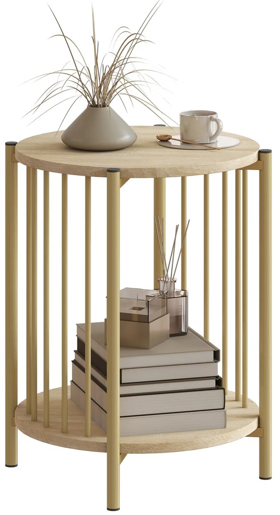 HOMCOM Mesa Lateral Redonda de 2 Níveis Mesa Auxiliar Moderna com Prateleira de Armazenamento e Estrutura de Aço para Sala e Quarto Ø41x49 cm Madeira