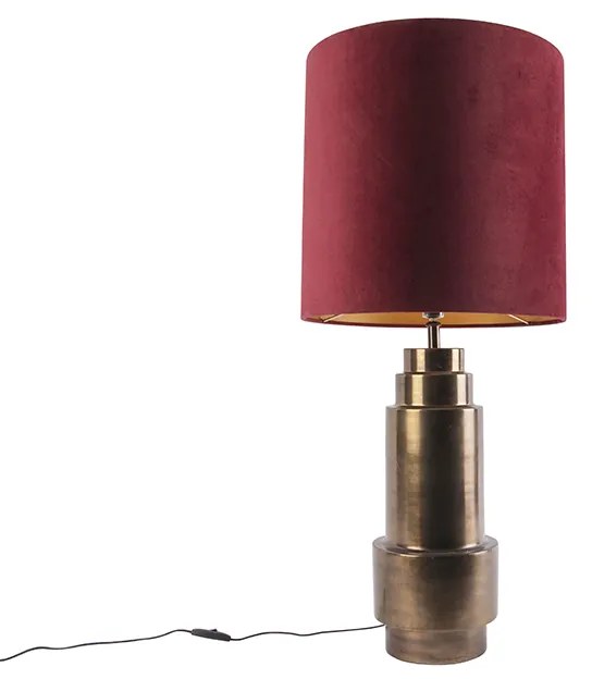 Candeeiro de mesa Art Déco bronze com cúpula em veludo vermelho e dourado 40 cm - Bruut Art Deco