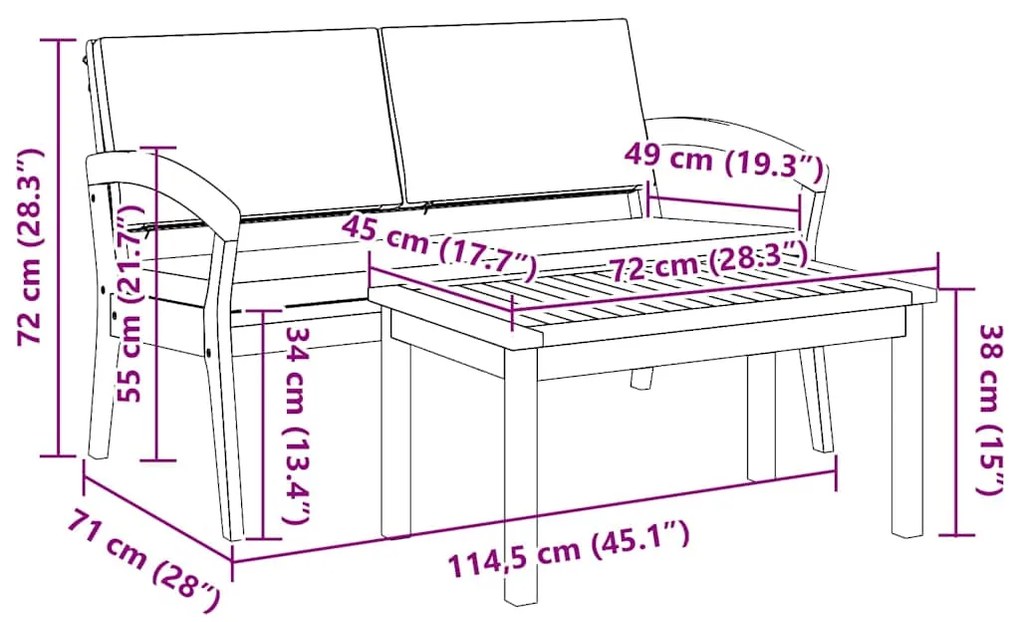 Conjunto Bistro de 2 Peças com Almofadas em Madeira de Acácia