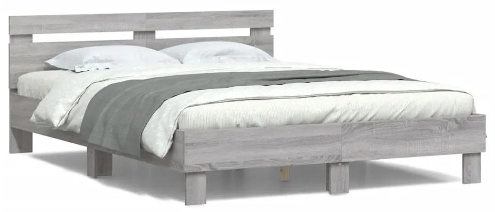 Estrutura cama c/ cabeceira/luzes LED 140x200cm cinzento sonoma