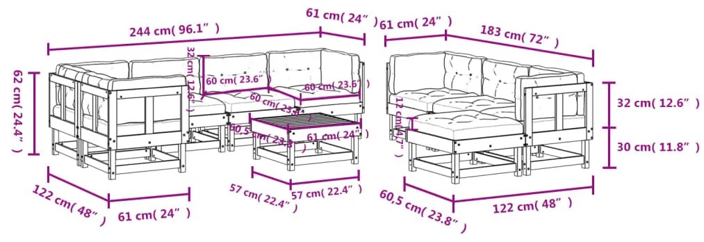 10 pcs conjunto lounge de jardim c/ almofadões pinho impregnado