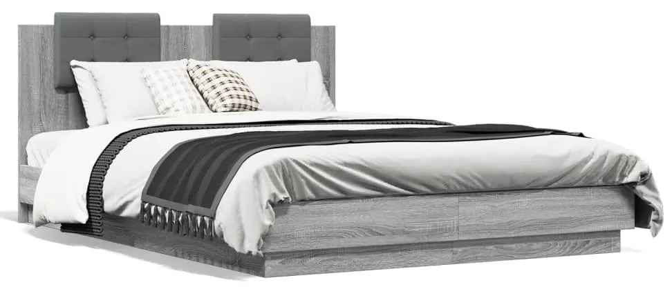 Estrutura de cama c/ cabeceira/luzes LED 150x200cm cinza sonoma