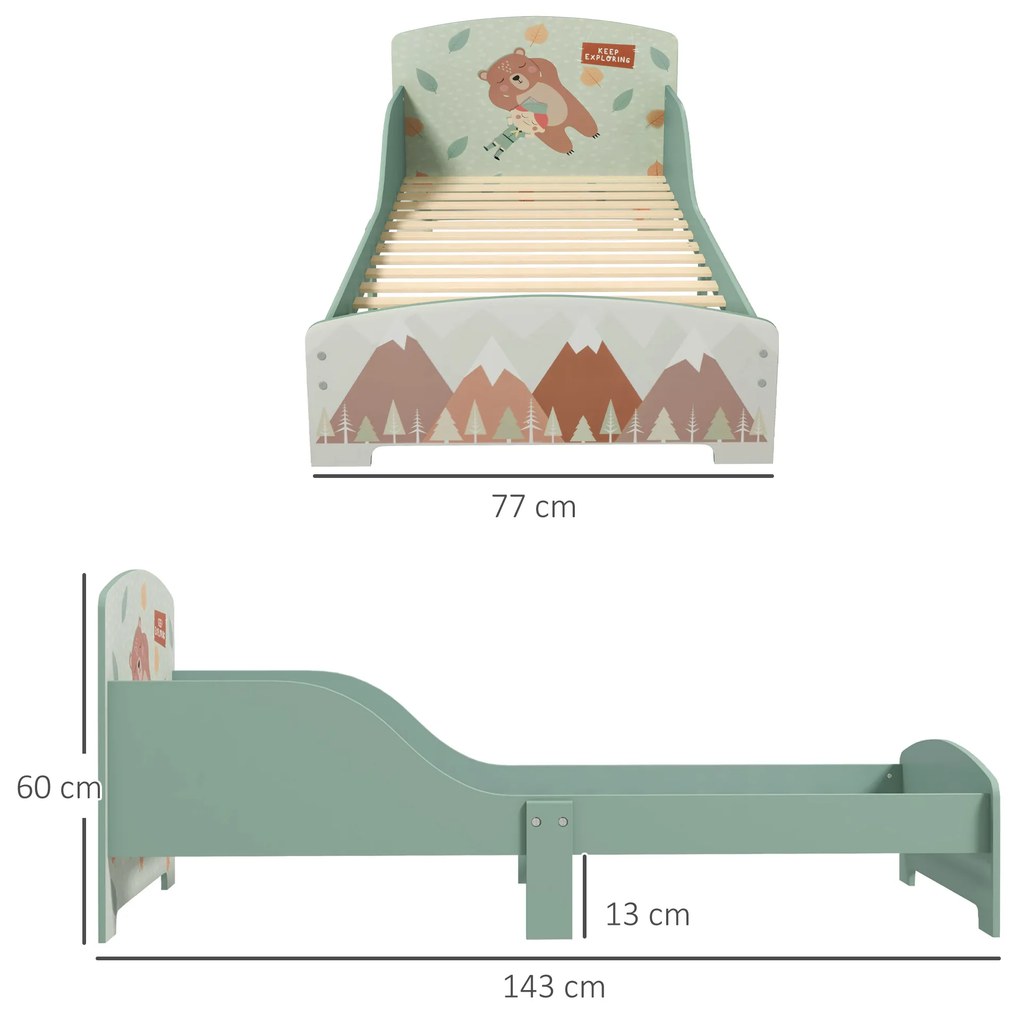 Cama para Crianças de Madeira com Barreira de Proteção e Estampados Carga Máx. 40 kg 77x143x60 cm Verde