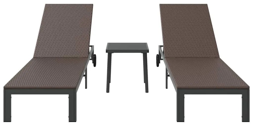 Conjuntos de espreguiçadeiras 2 pcs com rodas e mesa em rattan sintéti