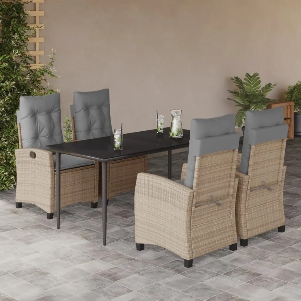 vidaXL 5pcs conj. jantar jardim c/ almofadões vime PE bege misturado