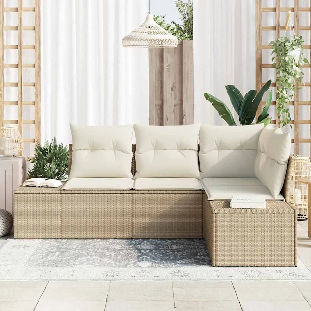 Conjunto de Sofá de Jardim 4 Peças com Almofadas Bege em Rattan Sintét