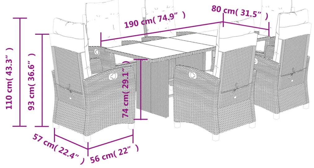 7 pcs conjunto de jantar p/ jardim com almofadões vime PE bege
