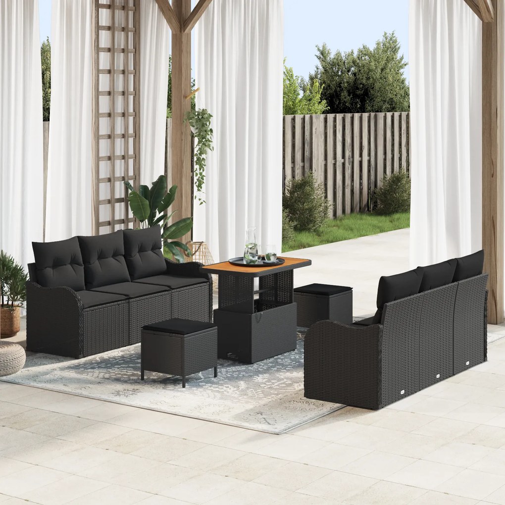 Conjunto de Sofá Jardim vidaXL de 9 Peças com Almofadas Preto Rattan S