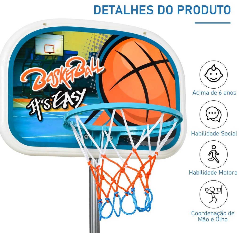 Cesto de basquete para crianças acima de 6 anos com suporte de altura ajustável e base recarregável incluídos 32x65x126-158 cm