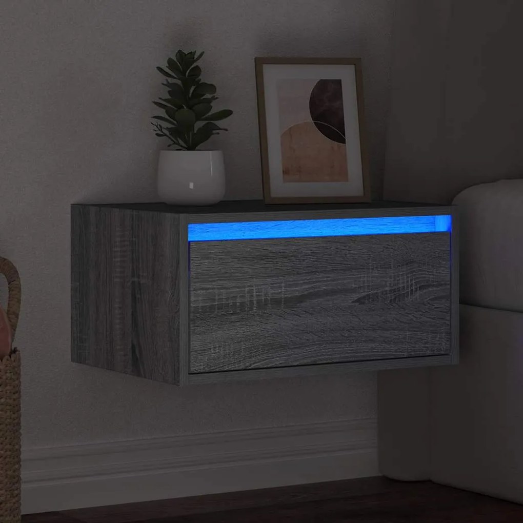 Mesa de cabeceira de parede com luzes LED cinzento sonoma