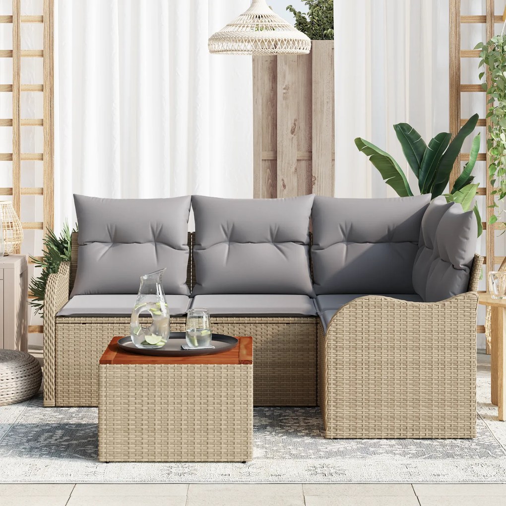 Conjunto de 5 Peças de Sofá de Jardim com Almofadas Bege Vime Acácia