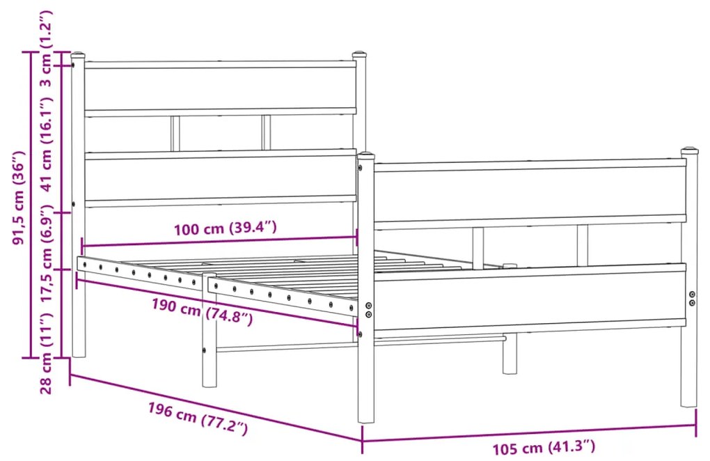 Cama sem colchão com cabeceira e pés 100x190 cm