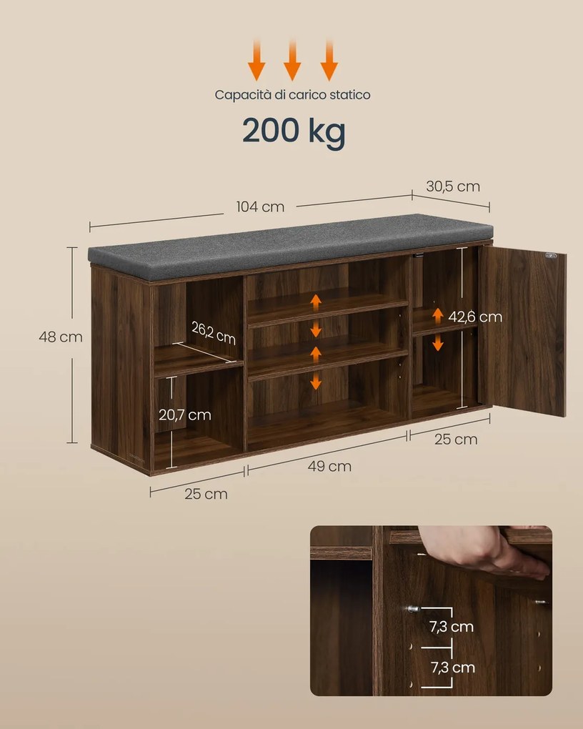 Banco para sapatos 30,5 x 104 x 48 cm com espaço de arrumação e compartimentos abertos ajustáveis castanho-noz natural - cinzento ardósia