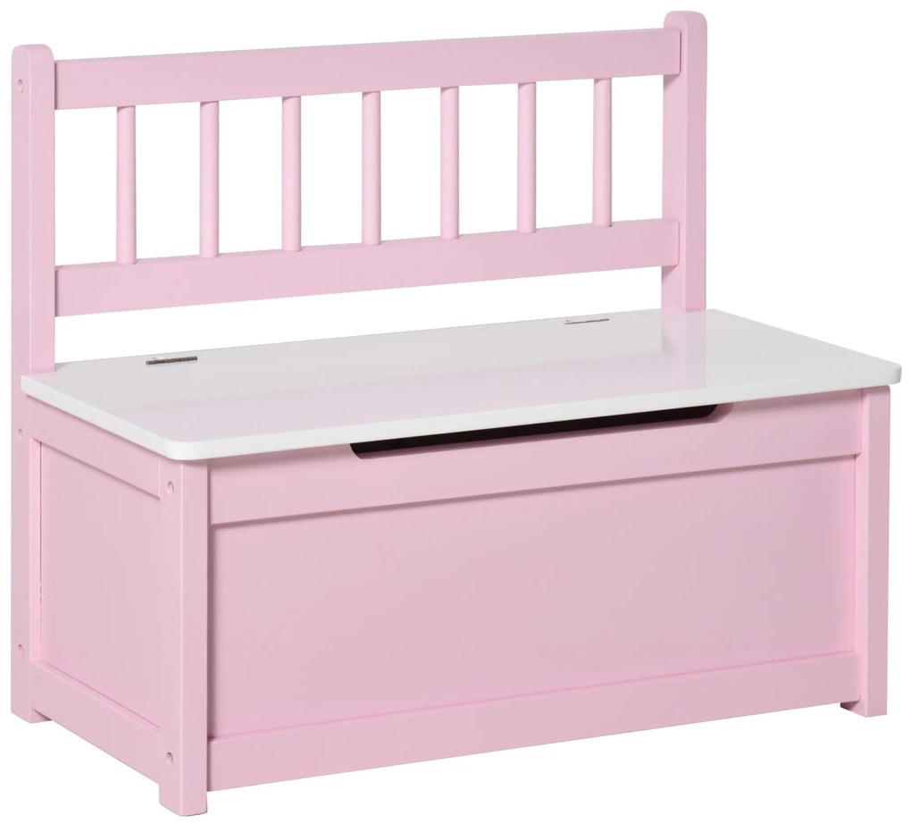 Baú de Brinquedos Banco de Armazenamento Infantil de Madeira de Pinho com Tampa de Amortecimento e Encosto Alto 60x30x50 cm Rosa