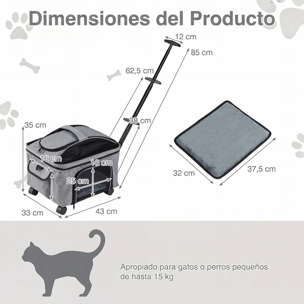 Transportadora para Animais de Estimação com Rodas, 33 x 43 x 35 cm, Dobrável com Pega Telescópica, Cinzento