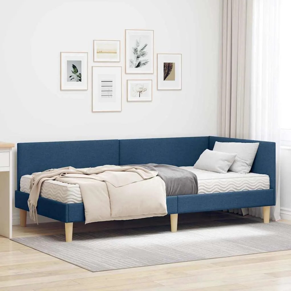 vidaXL Estrutura de Cama de Canto com Colchão Outros 2 pcs Azul tecido