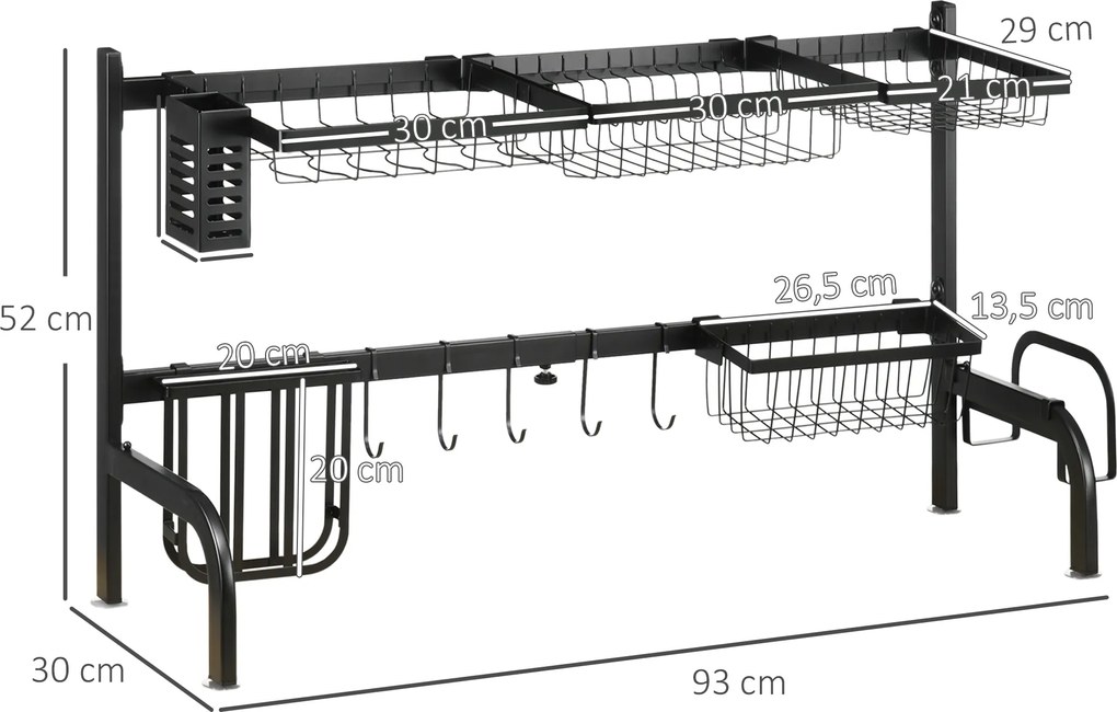 Escorredor de pratos para colocar sobre o lava-loiça, com 2 níveis, modular, em aço, 93 x 30 x 52 cm, preto