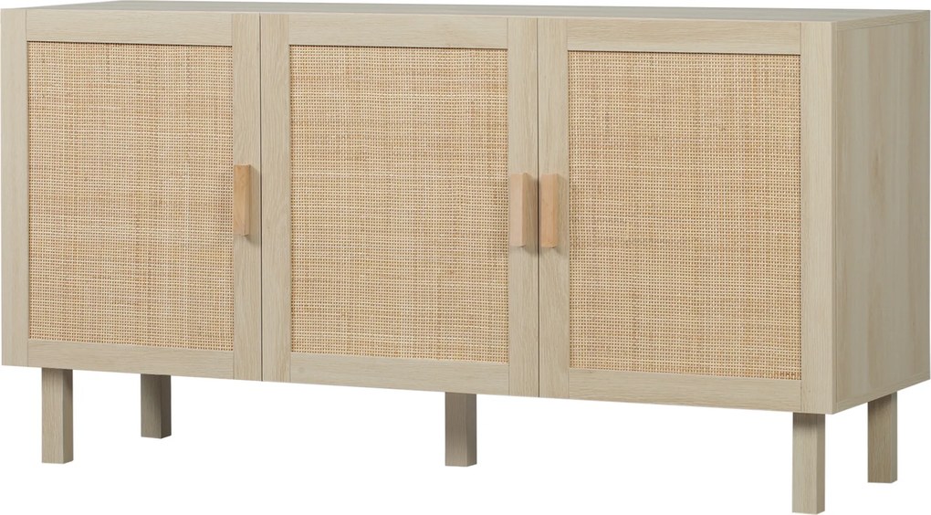 Aparador, armário de arrumação 136 x 41 x 70 cm com 3 portas e prateleira ajustável, efeito vime, estilo boémio cor natural