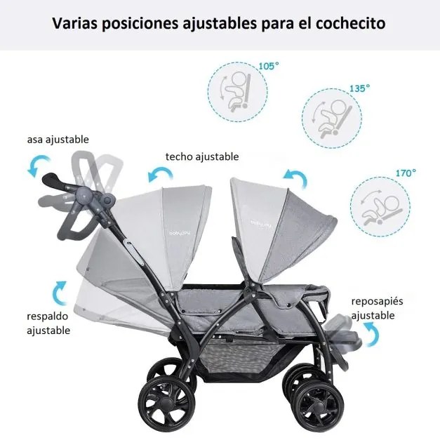 Carrinho de bebé duplo gémeos para 0-36 meses Capacidade de carga 15 kg cada assento Cor cinzenta