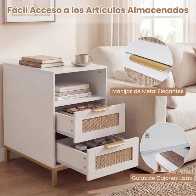 Mesa de cabeceira, Mesa apoio 60 x 35 x 61 cm em rattan com estação de carregamento e 2 gavetas estilo boho branco e dourado