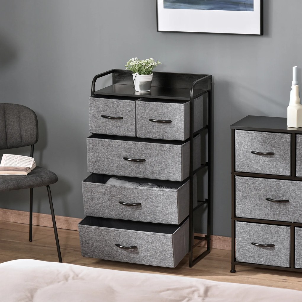 Cómoda de Arrumação, 58 x 29 x 99 cm, 5 Gavetas Dobráveis em Tecido, Cinzento