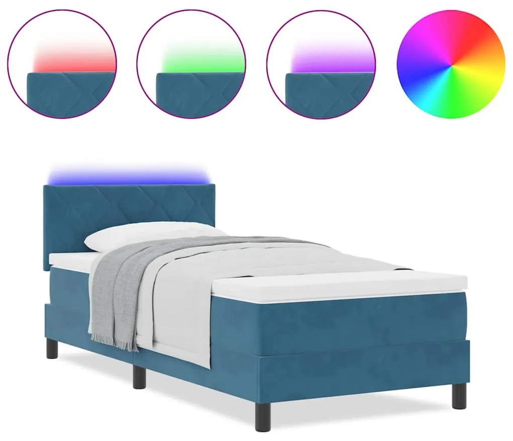 Cama Box com Colchão &amp; LED Azul Escuro 90x200 cm Veludo