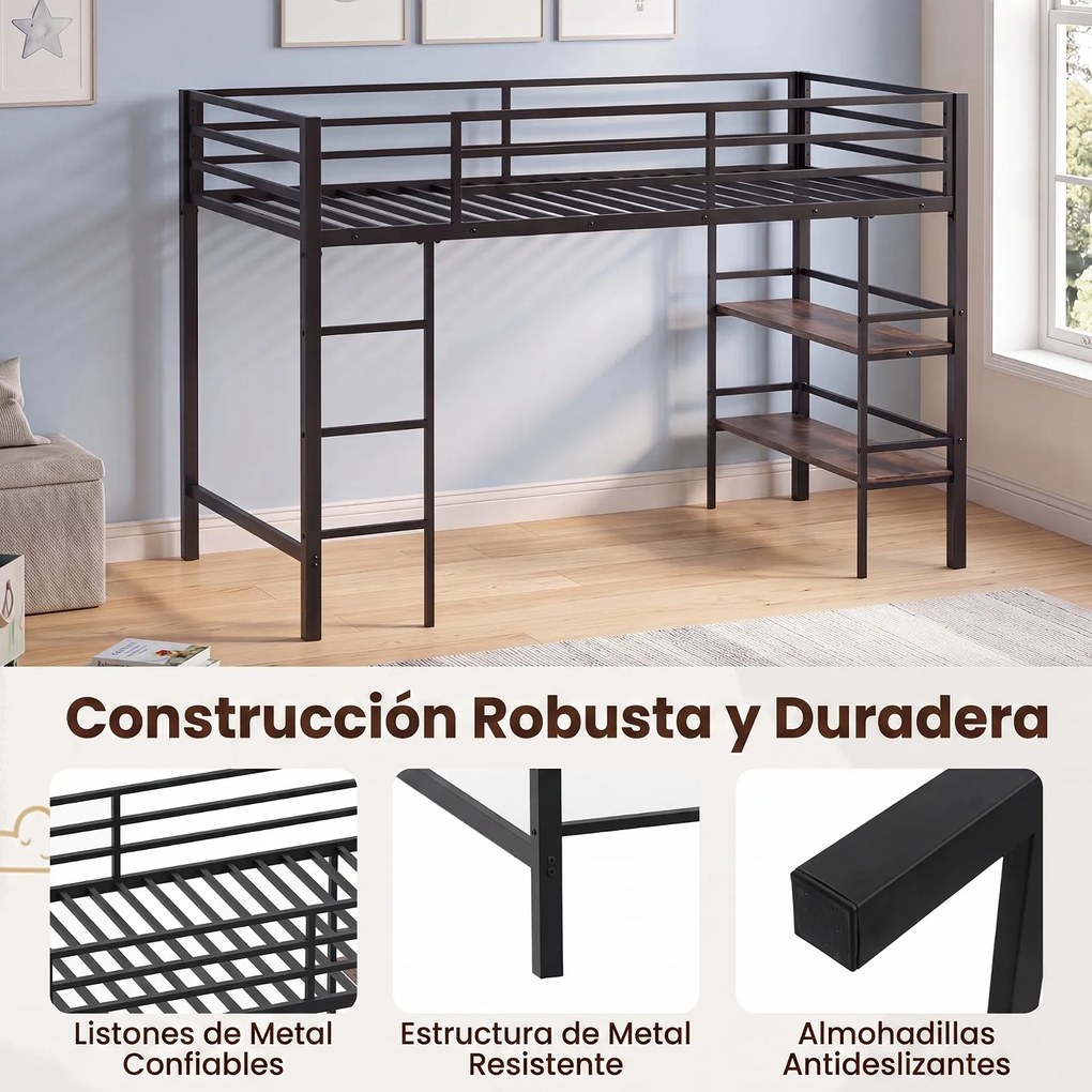 Cama Alta Infantil, 196 x 96 x 126 cm (COLCHÃO NÃO INCLUIDO), Estrutura Metálica Robusta, Castanho