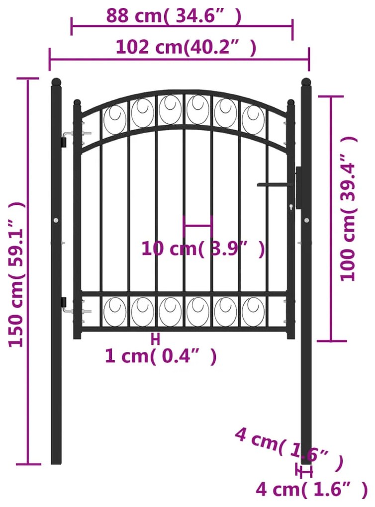 Portão para cerca com topo arqueado 100x100 cm aço preto