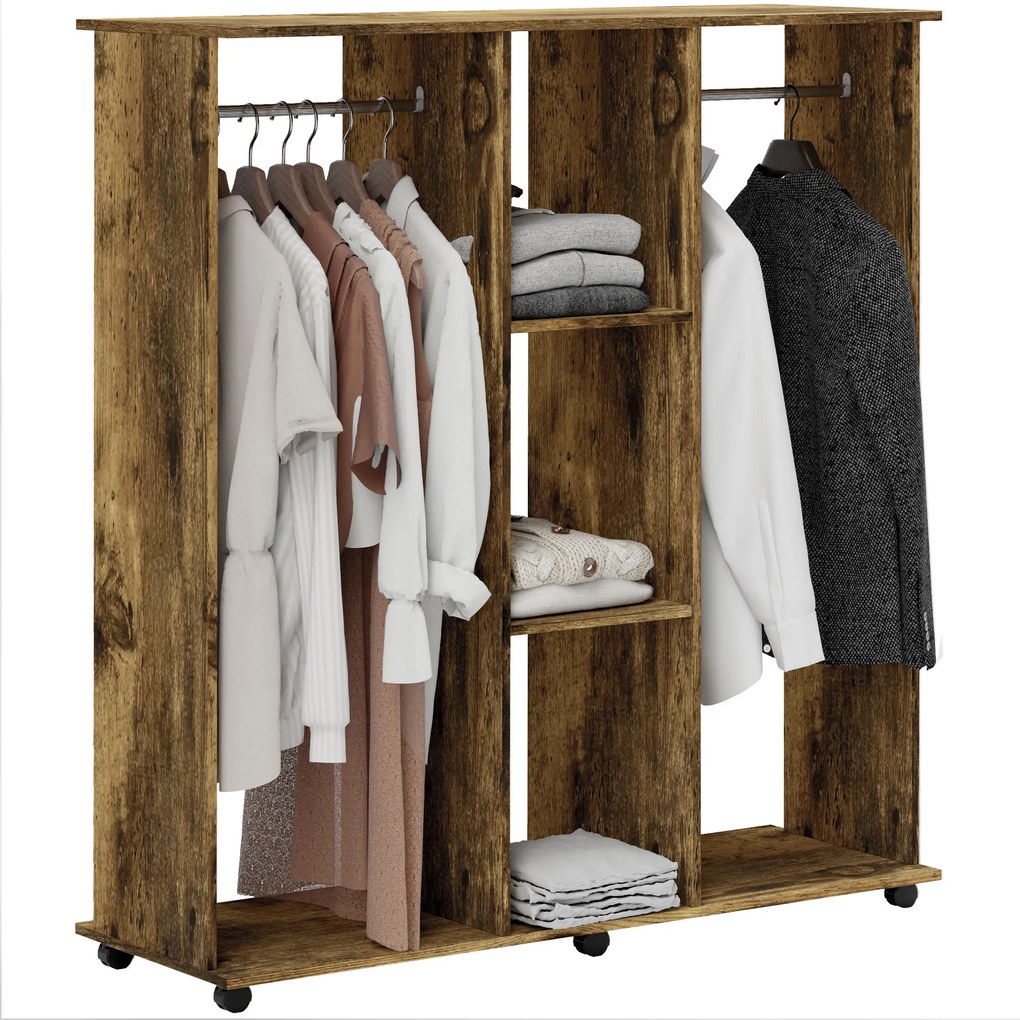 Guarda roupa aberto móvel de arrumação com rodas, 6 rodas, 120 x 40 x 128 cm, em madeira castanha