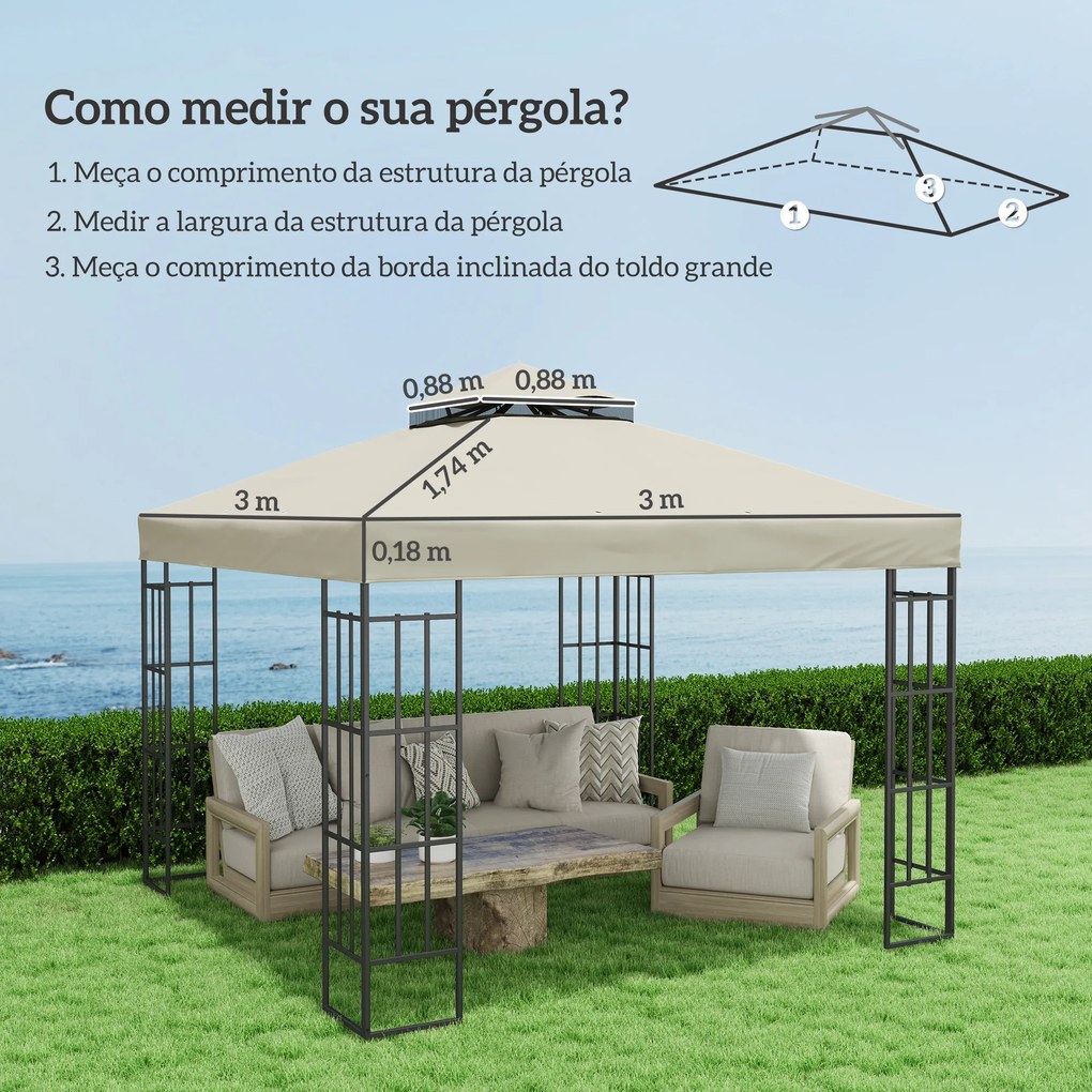 Toldo de Substituição para Pérgola 3x3 m (NÃO INCLUIDA) Toldo de Substituição com Teto Duplo Proteção UV 30+ Toldo para Pérgola Creme
