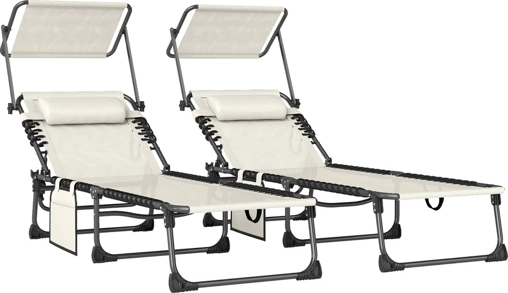 Outsunny Conjunto de 2 Espreguiçadeiras Jardim Dobráveis com Encosto Reclinável 5 Posições e Assento em Malha Creme | Aosom Portugal