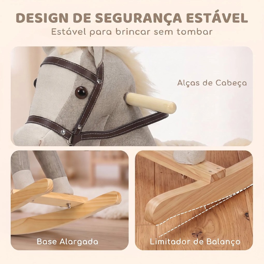 Cavalo de Baloiço com Sons e Pegas de Segurança, Base de Madeira, 12-36 Meses, Cinzento