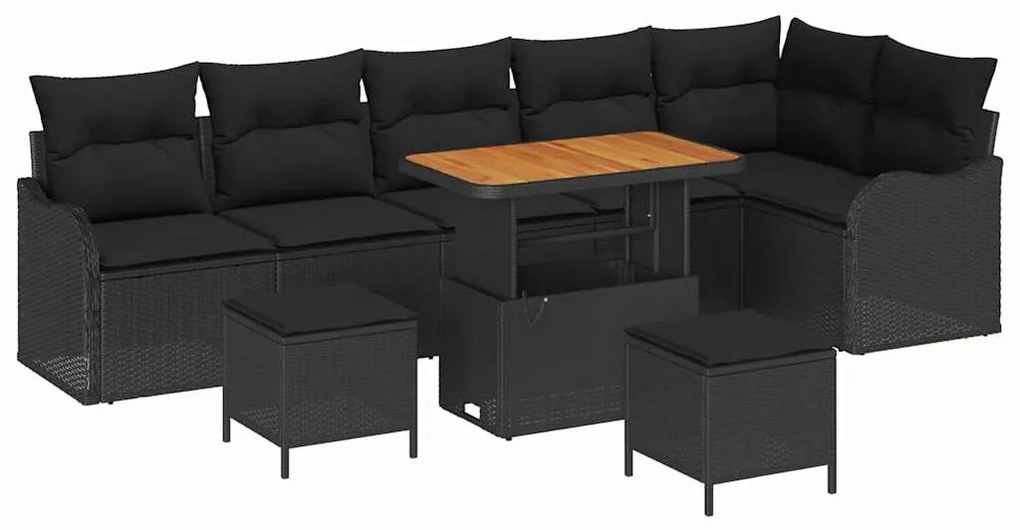 Conjunto de Sofá de Jardim com 9 Peças e Almofadas Pretas em Rattan Si