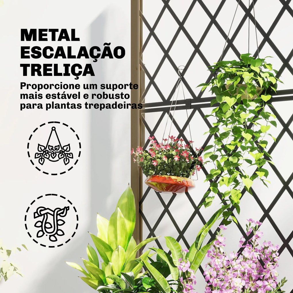 Floreira de Madeira com Grade Metálica e Rodas para Plantas Trepadeiras Vaso Elevado 72x36x168 cm Carbonizado