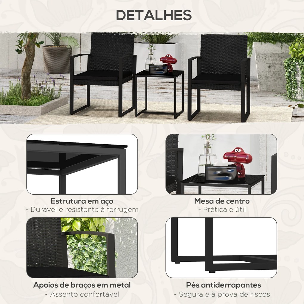 Conjunto de Móveis de Jardim de Vime Sintético Conjunto de 1 Mesa e 2 Cadeiras com Almofadas e Apoio para os Braços Preto