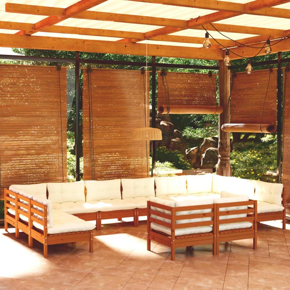 12pcs conj lounge jardim + almofadões pinho maciço castanho-mel