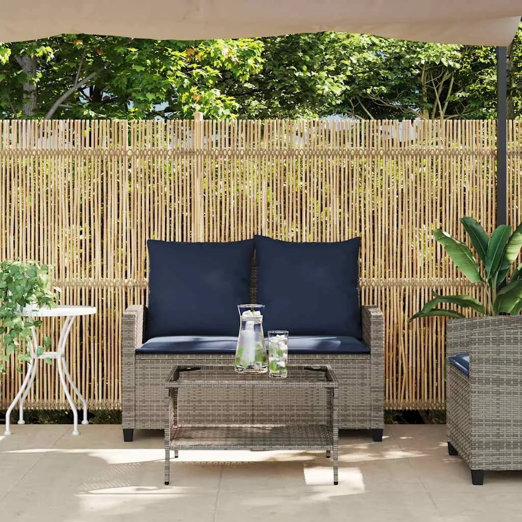 Sofá de jardim 2 lugares com almofadões vime PE cinzento