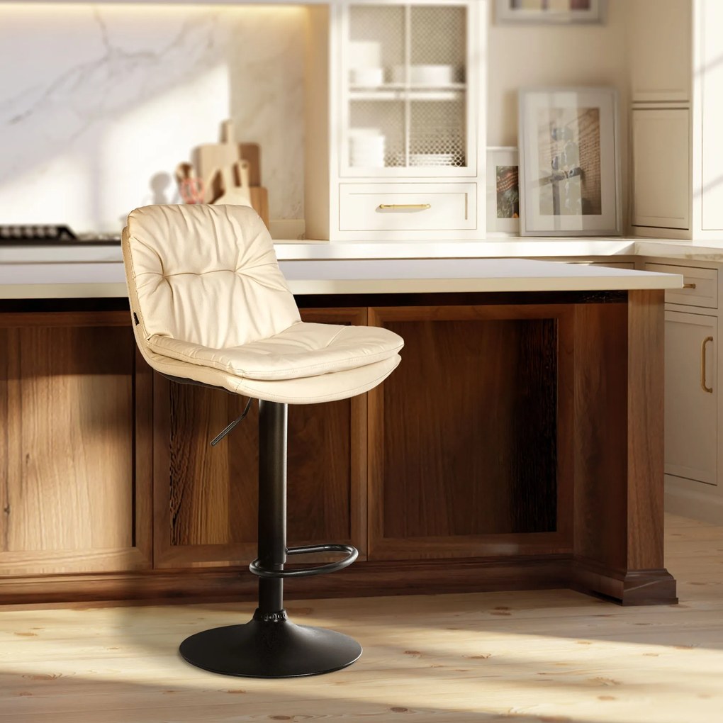 Banco de bar em couro sintético com estrutura preta 92-113 x 46 x 54 cm cor creme