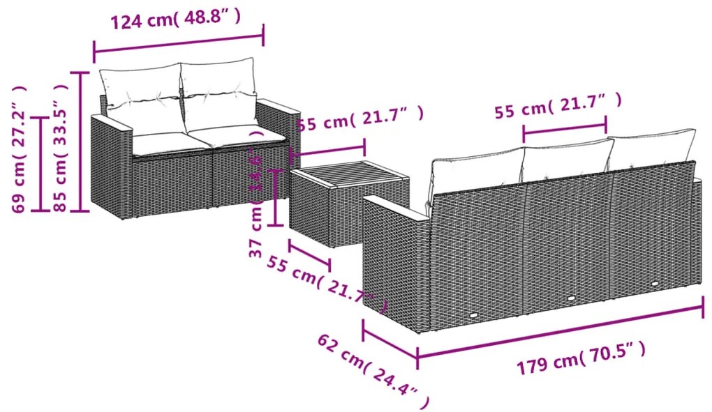 6 pcs conjunto sofás de jardim com almofadões vime cinzento