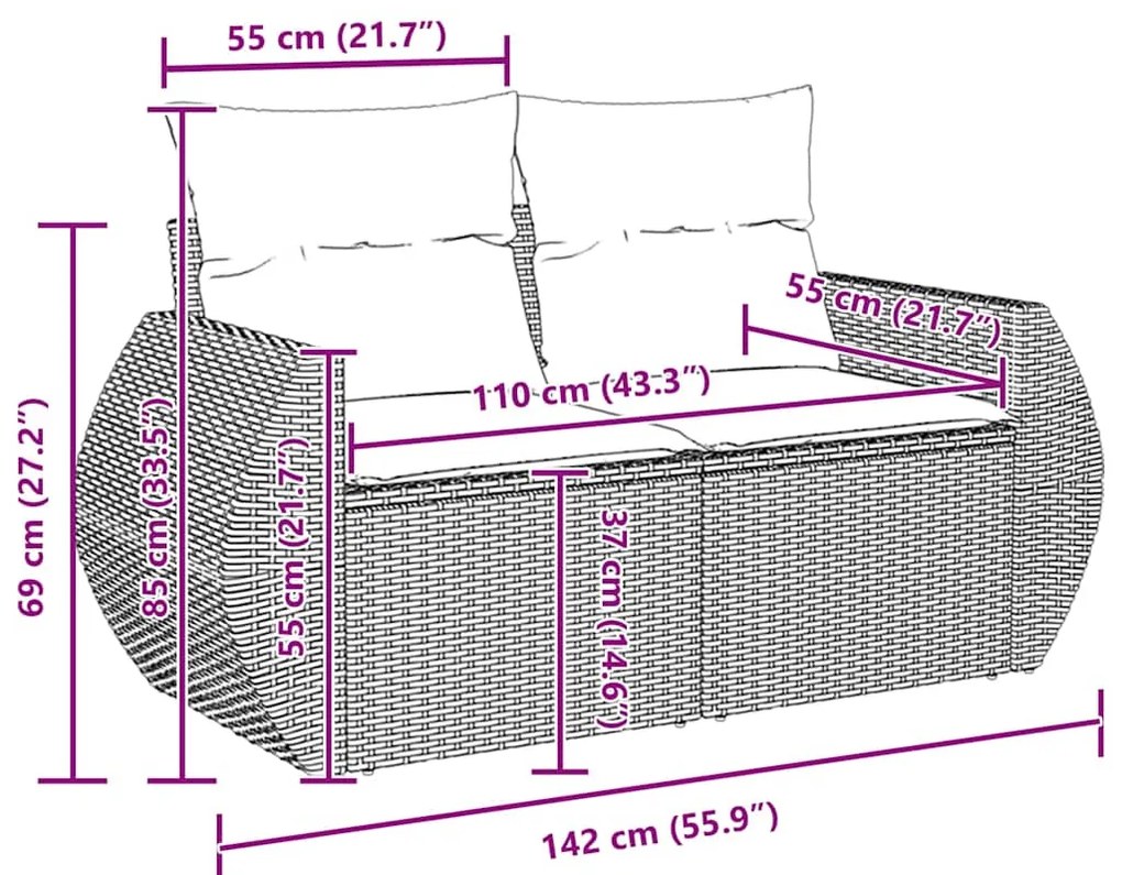 Conjunto de sofá de jardim com 13 peças e almofadas, em rattan sintéti