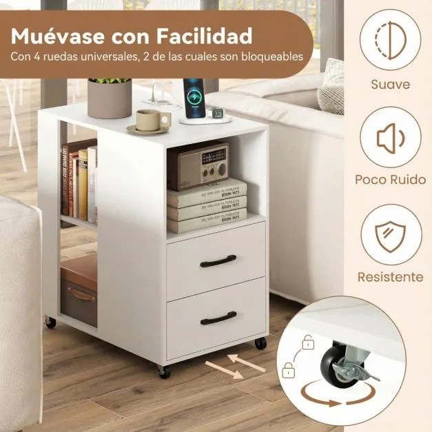 Conjunto de 2 mesas de cabeceira, mesa apoio 60 x 40 x 65,5 cm com rodas e estação de carregamento integrada Branco