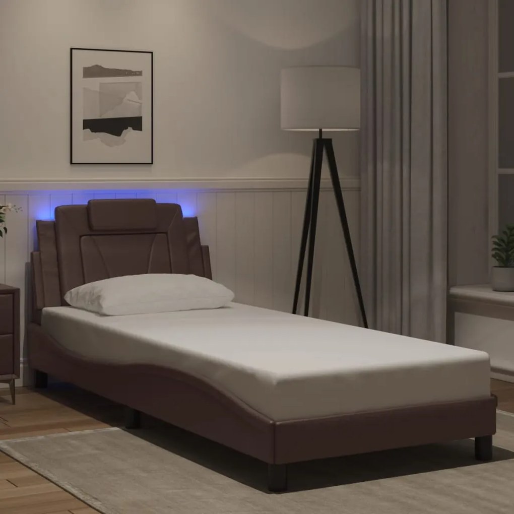Estrutura cama c/ luzes LED 80x200 cm couro artificial castanho