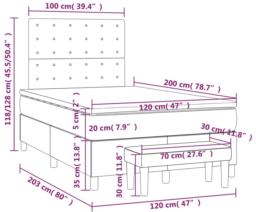 Cama boxspring com colchão 120x200 cm veludo cinzento-escuro